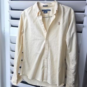 women’s striped yellow polo button down